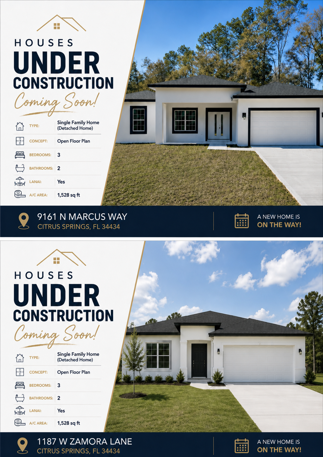 Flyer presenting the two BRP Americas homes under construction in Citrus Springs